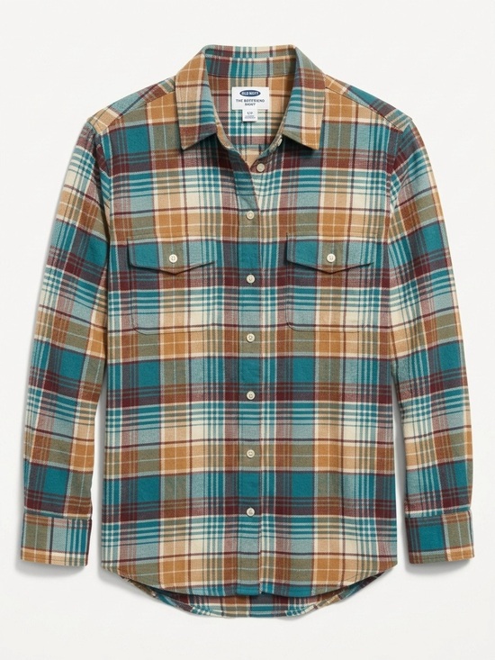 Tops - Old Navy The Boyfriend Shirt Plaid Flannel Teal Brown Cream Size Medium